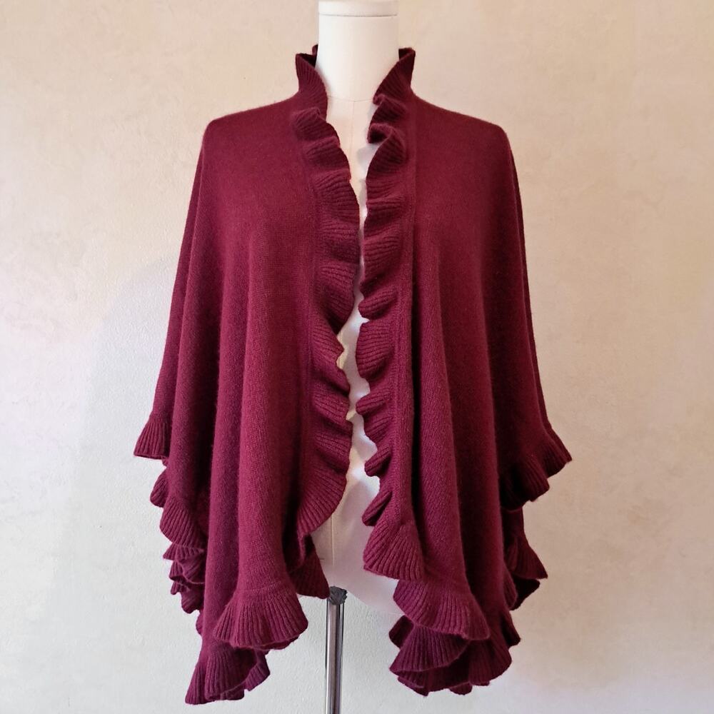 CULLEN Cashmere Ruffle Trim Open Front Knit Cape Poncho Wrap - One Size